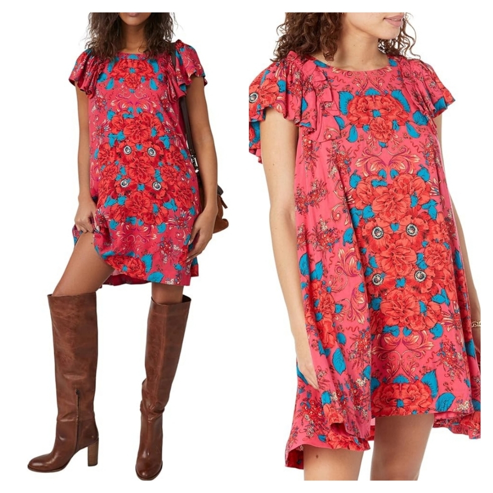 Free People Yara Floral Mini Dress Rose Flowy Flutter Sleeves Pocket S
